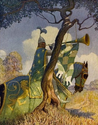Green Knight. 1922 illustration by Wyeth from Boy's King Arthur. (US public domain with expired copyright/commons.wikimedia.org)