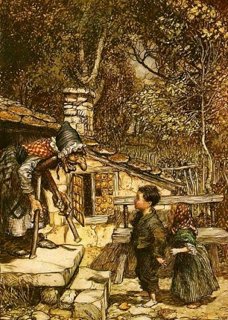 Hansel and Gretel. Grimm Fairy tales, Rackham illustration, 1909. (US Public domain, expired copyright, commons.wikimedia.org)
