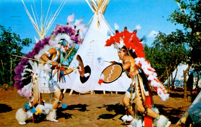 Shield dancers in Oklahoma.View Gram/Bob Taylor/Vintage post card from personal collection)