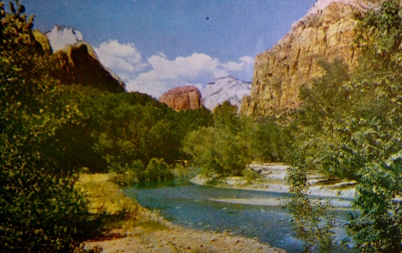 (Zion National Park. North Fork of river. Intermountain Tourist Supply/ Vintage postcard from personal collection)
