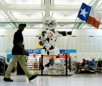 Moonwalking Cow from Cow Parade. Once located in Terminal Terminal A Bush IAH/ Screenshot of image by Campbell, Hou.Chron.)