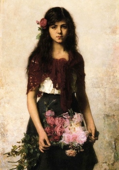 young girl holding flowers. (Alexei Harlamov 1840-1925/USPD.artist life /Commons.wikimedia.org)