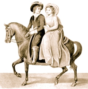 Couple on horse with woman riding riding pillion. Project Gutenberg.(Gibey) "Horses: Past and Present".(Close of 19th century.)