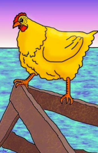 Billina, Chicken of Oz vigilantly standing on guard on fence by water.. (by Andre Koehne. /Commons.wikimedia.org)