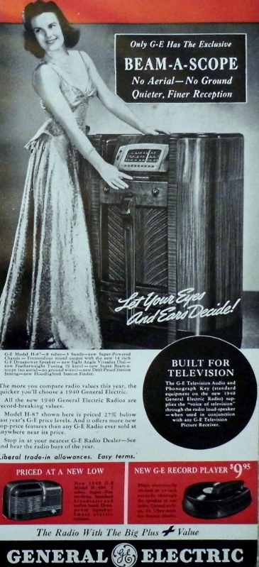 Woman in evening gown standing next to a floor model radio in a wordy 1940 GE radio ad. (Joe Haupt/Commons.wikmedia.org)