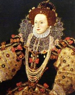Portrait of Elizabeth I of England in puffy rounded sleeves with orange accents, round lace collar, and lots of jewels. (USPD, artist life, rerod. of PD art/Commons.wikimedia.org)