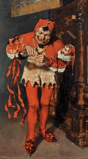 Jester pouring a drink. Court Jester by WM Chase, 1875 (USPD.artist life, pub.date/Commons.wikimedia.org)