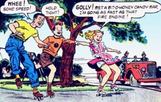 Three children rollerskating with girl in lead pulling two boys.1949 example of role-reversal in comic books. Popular in postwar era relecting on vital role women played in war effort. Archie Comics Pub, Jan 1949 (USPD, pub.dat, artist life/Commons.wikimedia.org)