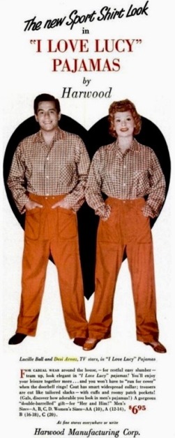 Man and woman standing in identical outfits. I love Lucy PJ ad. 1953 Ad (USPD. pub.date, artist life/Commons.wikimedia.org)
