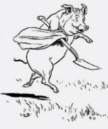 Pig running with shovel. Leslie Brooke. 1905. USPD. pub.date, artist life/Gutenberg/Commons.wikimedia.org)