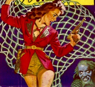 Woman being captured in net by monster. (1949 cover of Planet Stories, Anderson) (USPD pub.date, artist life/Commons.wikimedia.org)