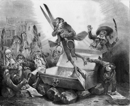 historical riot over censorship. Satire Caricature "Résurrection de la Censure" 1832(resurrection of censorship) by the french artist J. J. Grandville, lithography.(USPD. pub.date/COmmons.wikimedia.org)