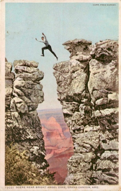 Postcard. Postcaard of man. Tourist daring jump. Arizona 1898 (Detroit Pub. Co/ collection. (USPD.artist life, pub.date/COmmons.wikimedia.org)