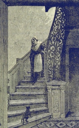 cat at botom of staircase looking aat woman. 1873 book Engraving. Out of copyright. (USPD. artist life, pub.date/Commons.wikimedia.org)