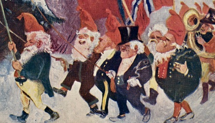 Rought looking Christmas elves in parade. (USPD. pub. date, artist life. Commons.WIkimedia.org) 