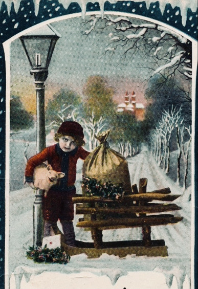 Boy with New Years pig. Dansk nytårskort fra 1911 (USPD pub.date, artist life/Commons.wikimedia.org)