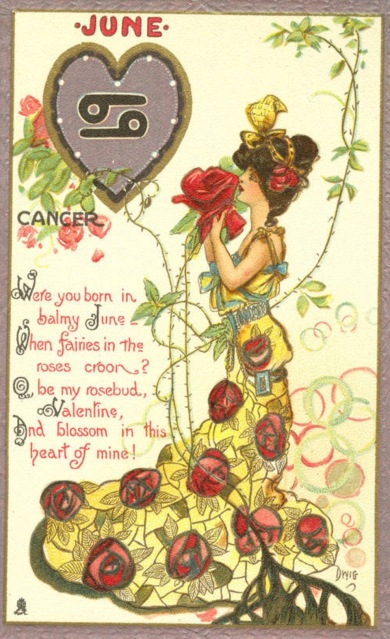 Valentines postcard. June, Zodiac series by Dwiggings, 1900- (USPD. pub.date/commions.wikimedia.org)