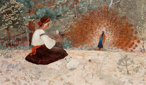 Seated girl with peacock. Ukranian fairy tale/1915 (USPD artist life, pub.date/COmmons.wikimedia.org)