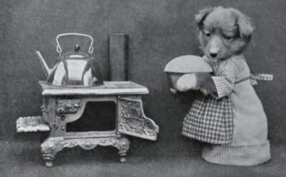Dog in dress cooking in vintage kitchen. (1915. H.W.Frees. USPD, artist life, pub.date/Commons.wikimedia.org)