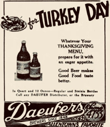 1937 adv. for Thanksgiving beer (USPD pub.date, artist life/Commons.wikimedia.org)