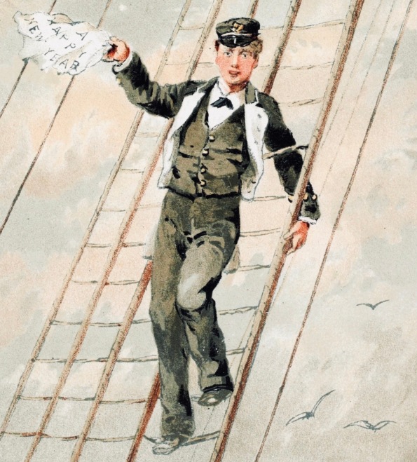 New Years card/ Sailor on rigging. (USPD pub date, 1881, life of artist,/Commons.wikimedia.org)