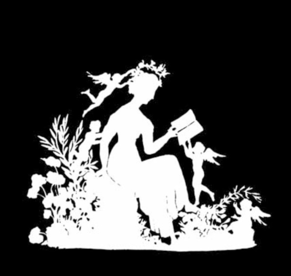 Seated woman being offered a book to read by Cupid. Papercut (USPD, artist life, pub.date,, reprid of PD art/Commons.wikimedia.org)
