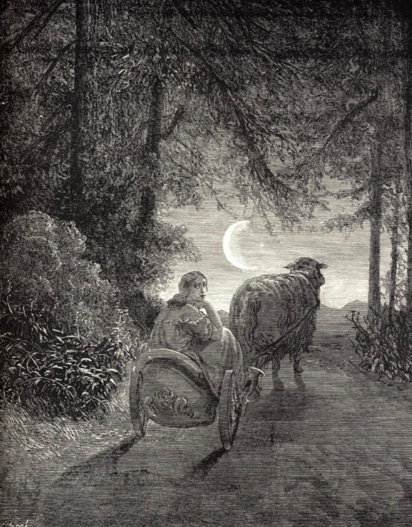 Woman in cart pulled by lamb leaving forest. 1897 Dore (USPD artist life, pub.date/Commons.wikimedia.org)