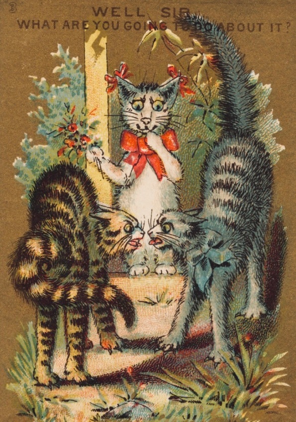 3 Cats with 2 Tom Cats competing for a lovely gal feline. Advertising Frear's trade card, 1881. Boston public lib. (USPD pub.date, artist life/Commons.wikimedia.org)