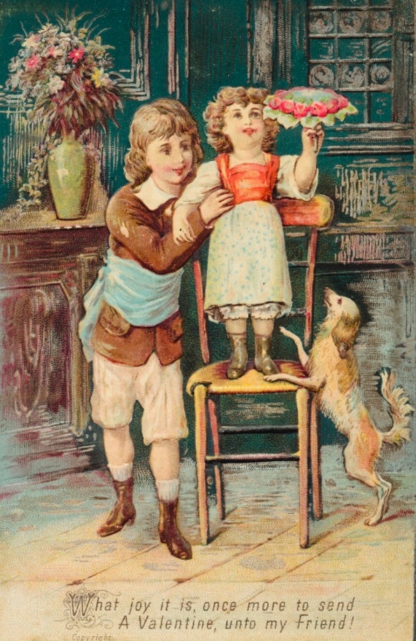 Valentine advertising trade card with 2 children and a dog. 1870's Boston Pub.Lib (USPE artist life, pub.date/Commons.wikimedia.org)
