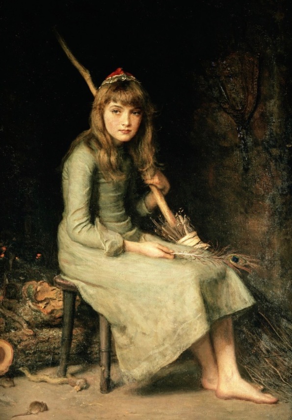 Young girl seated with bare feet.1881 painting of Cinderella by John Evertt Millais. (USPD. artist life, pub.date, reprod of PD art/Commons.wikimedia.org)