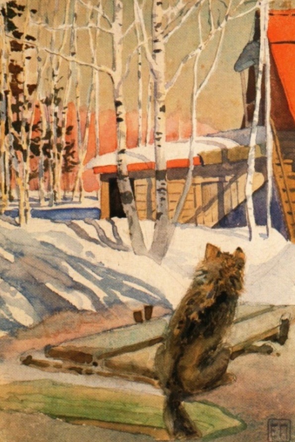Hmm. They always talk about yellow snow. Better than dropped bread crumbs! Bird proof! ((USPD pub. date 1898, artist life/Commons.wikimedia.org)