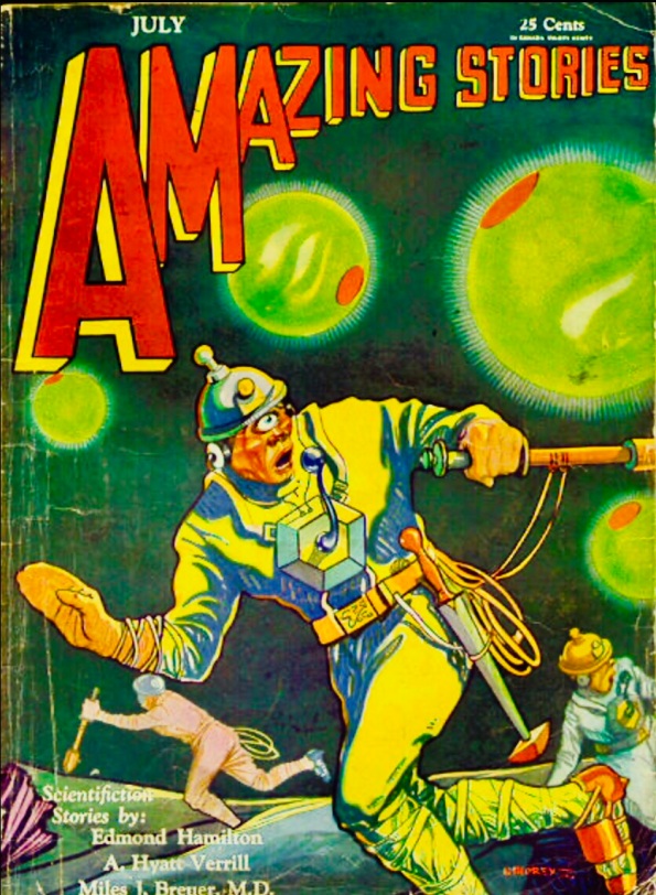 mysterious green fuzzy globs chasing terrified people. 1930's cover art (USPD pub.date, artist life/Commons.wikimedia.org)