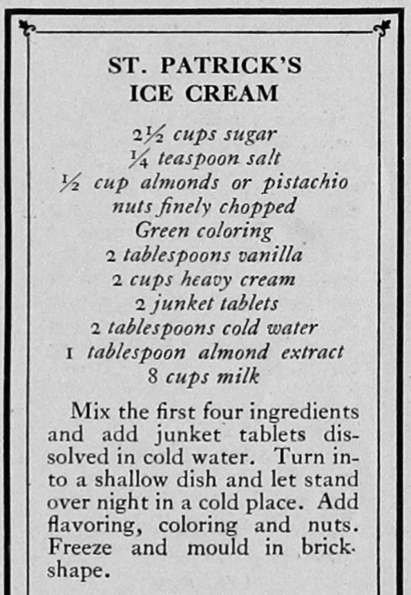 St Patrick's Day ice cream recipe. 1923. (USPD pub.date/Commons.wikimedia.org)