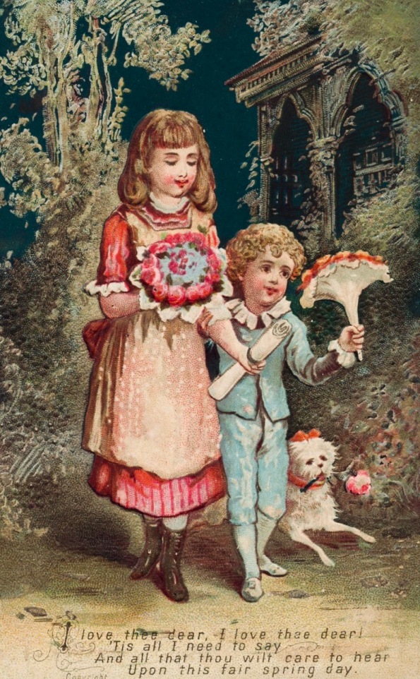 Two children holding flowers. Spring trade card.1870's Boston pub.lib (USPD artist life, pub.date/Commons.wikimedia.org)