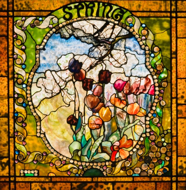 Spring leaded-glas window by Tiffany (USPD, artist life, reprod of 2D PD art, Morse museum of American Art/Commons.wikimedia.org)