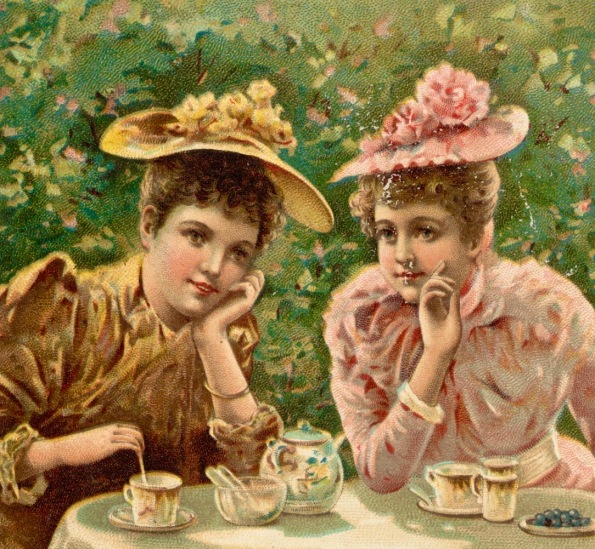 Two women at tea table. Vintage outfits 1870-ish Trade card for cocoa. Boston Pub.Lib collection (USPD artist life, pub.date/Commons.wikimedia.org)