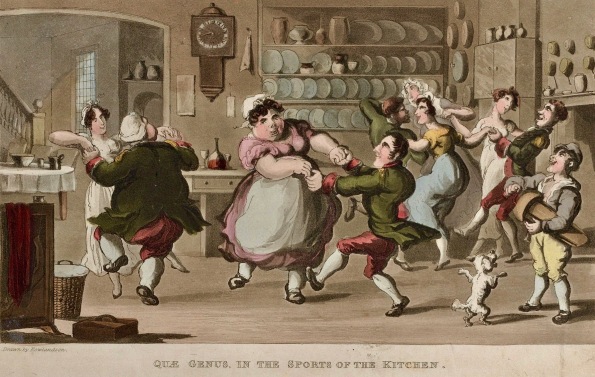 People celebrating in kitchen. 1891 print by Rowlandson/Met.Museum of Art (USPD waived/Commons.wikimedia.org