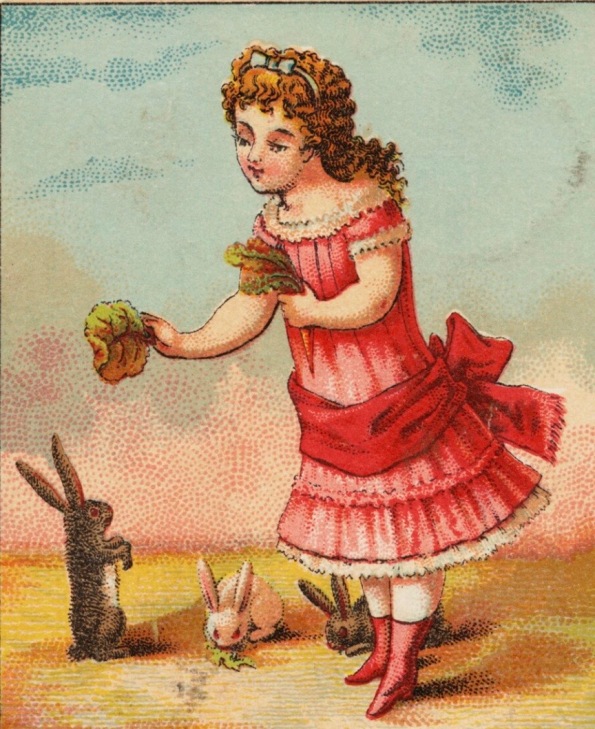 Girl feeding 3 bunnies (1870's. Boston Public Lib./USPD pub.date, artist life/Commons.wikimedia.org)