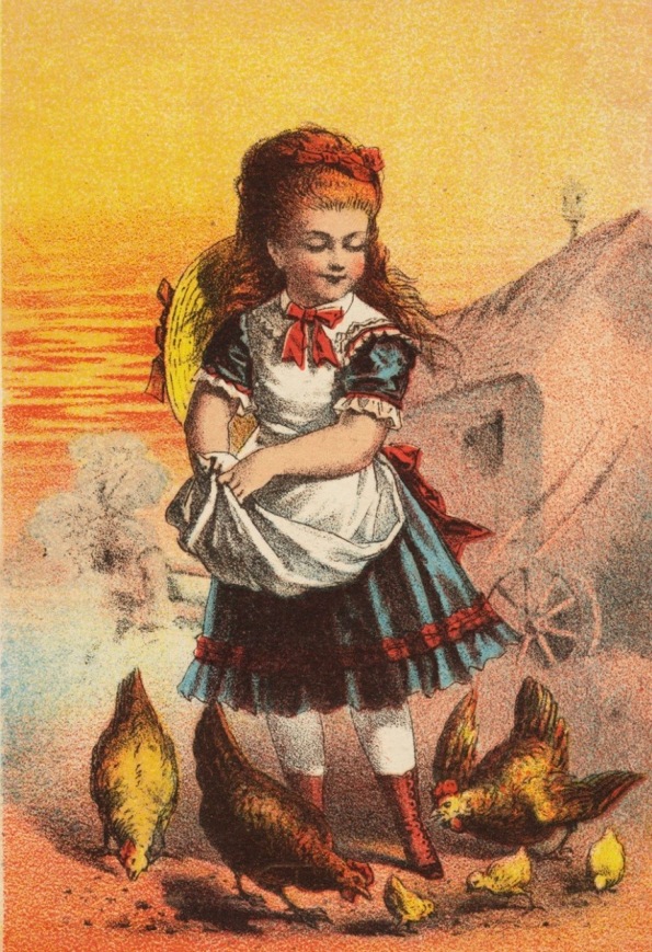 Girl feeding chickens (1870's. Boston. pub.lib/USPD.artist life, pub.date/Commons.wikimedia.org)