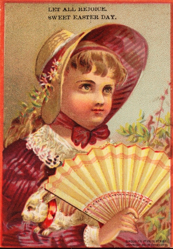 Girl on Easter card with fan and bunny. 1881 trade card/Boston.pub.lib.(USPD. pub.date, artist life/Commons.wikimedia.org)