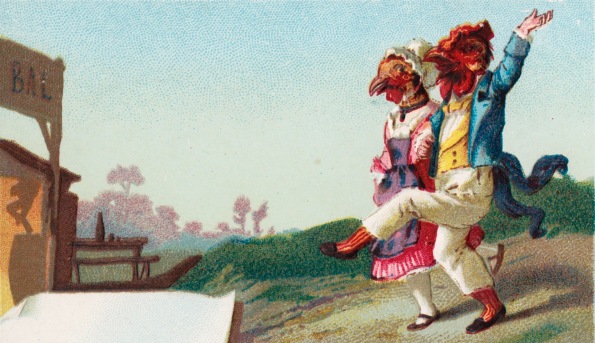 Rooster and chicken dressed as humans dancing (1870's Boston Pub.Lib/ USPD.pub.date, artist life/Commons.wikimedia.org)