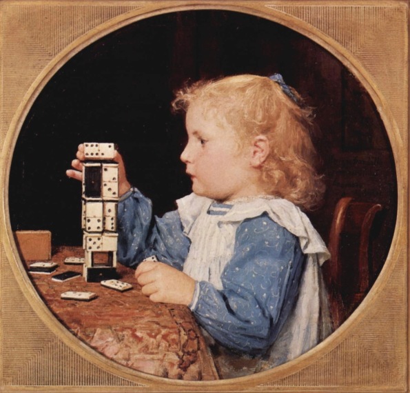 Girl stacking dominoes 19th century (USPD, artist life, repord of PD art/Commons.wikimedia.org)