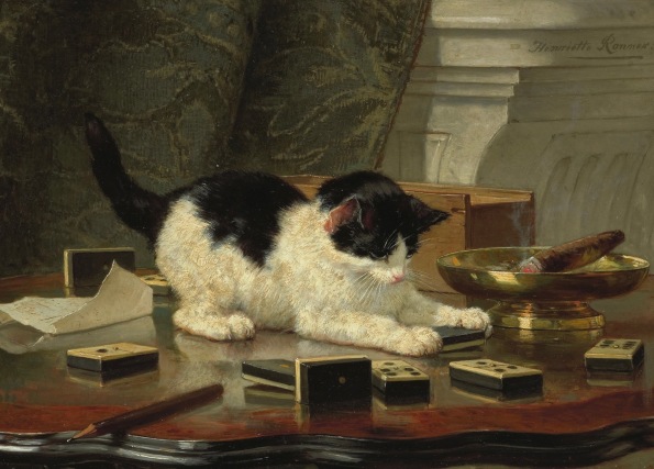 Cat on table with dominoes. Kitten's Game by Ronner-Knip, 1860's (USPD. pub.date, artist life, reprod of PD art/Commons.wikimedia.org)