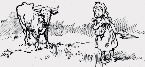 Girl with cow, doll, and umbrella.. Cow Tales, 1890's (USPD. aretist life, pub.date/Commons.wikimedia.org)
